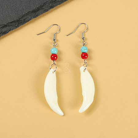 Natural Gemstone Wolf Tooth Shape Dangle Earrings with Real Tibetan Mastiff Dog Tooth FX9729-7-1