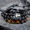 3Pcs 3 Styles Bohemian Style Natural Black Onxy & Lava Rock & Tiger Eye Round Beaded Braided Bead Bracelet Set for Men FX6135-1