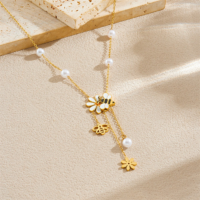 304 Stainless Steel White and Yellow Enamel with Plastic Pearl Bee Flower Tassel Pendant Necklaces for Women FS-WGCFE06-01-1