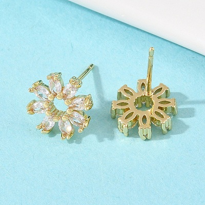 Flower Brass Micro Pave Clear Cubic Zirconia Stud Earrings EJEW-F400-01C-G-1
