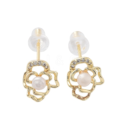 Natural Pearl Flower Stud Earrings EJEW-P256-94G-1