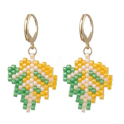 304 Stainless Steel Glass Seed Beads Leaf Leverback Earrings EJEW-MZ00536-03-1