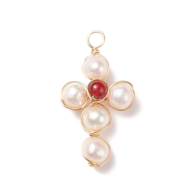 Natural Carnelian & White Freshwater Pearl Pendants PALLOY-JF01660-03-1