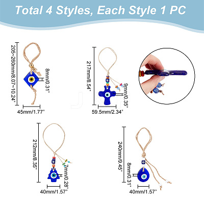 AHADEMAKER 4Pcs 4 Style Glass Evil Eye Pendant Decorations HJEW-GA0001-33-1