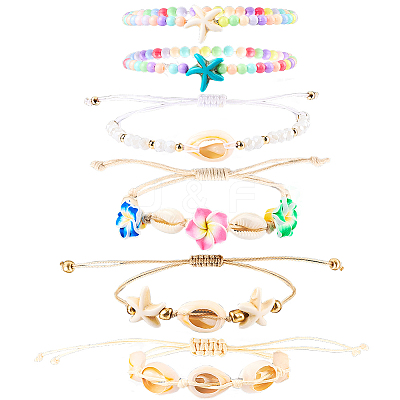 6Pcs 6 Style Adjustable Nylon Thread Braided Bead Bracelets BJEW-SC0001-48-1