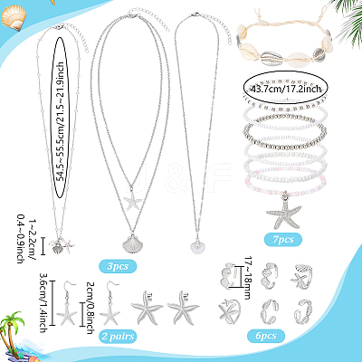 Ocean Theme Brass & 304 Stainless Steel Necklaces & Bracelets & 304 Stainless Steel Earring & Brass Cuff Rings Sets SJEW-PH00007-1