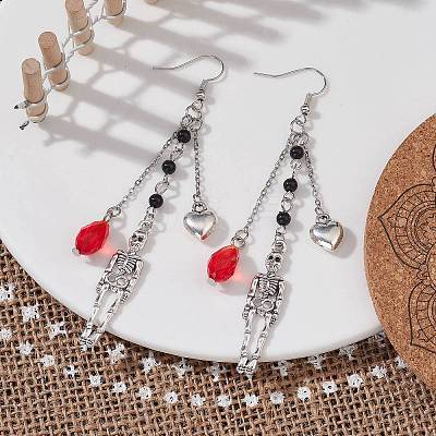 Alloy Skull & Heart & Glass Teardrop Dangle Earrings with Brass Pins for Women EJEW-JE05391-1