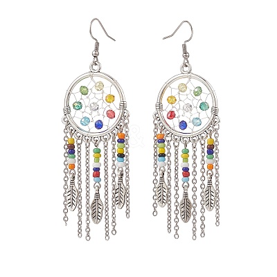 Alloy Woven Net/Web with Feather Chandelier Earrings with Glass Beaded EJEW-TA00159-1