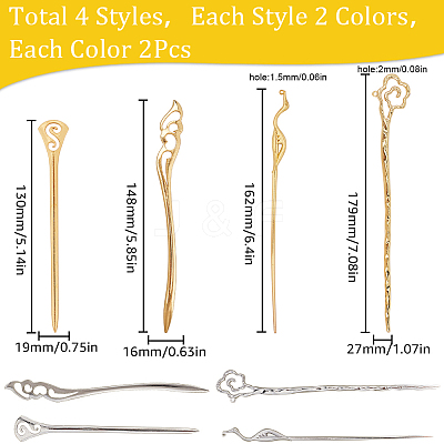 16Pcs 8 Styles Chinese Style Alloy Crane Hair Sticks OHAR-SC0002-98-1