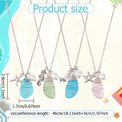4Pcs 4 Style Twist Teardrop Glass & Alloy Ocean Theme Pendant Necklaces Set NJEW-AN0001-57-1