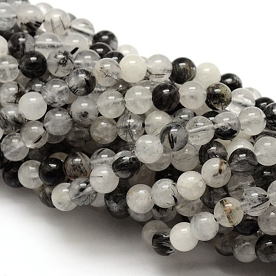 Natural Gemstone Black Rutilated Quartz Round Beads Strands G-E251-30-8mm-1