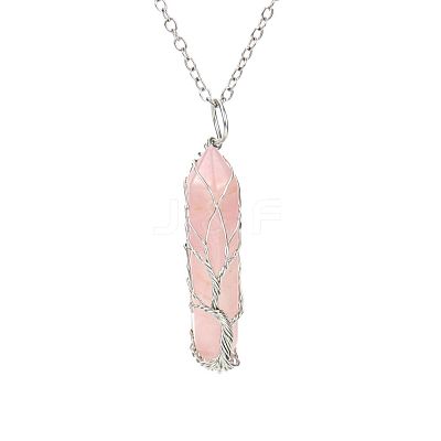 Natural Rose Quartz Double Terminal Pointed Faceted Bullet Copper Wire Wrapped Tree of Life Pendant Alloy Chain Necklaces FS-WG07FDC-02-1