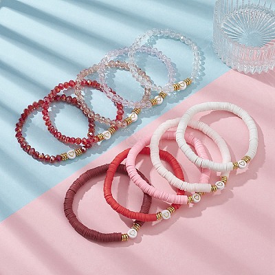 10Pcs Polymer Clay Disc & Glass & Brass Beaded Stretch Bracelets Set BJEW-JB09676-02-1