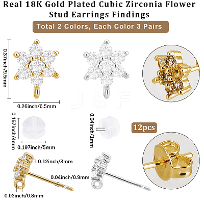 6 Pairs 2 Colors Brass Micro Pave Cubic Zirconia Stud Earring Findings ZIRC-BBC0003-24A-1