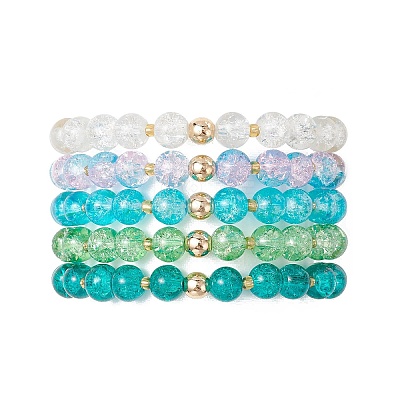 5Pcs 5 Color Spray Painted Crackle Glass Beads Stretch Bracelets for Men Women BJEW-MZ00202-1