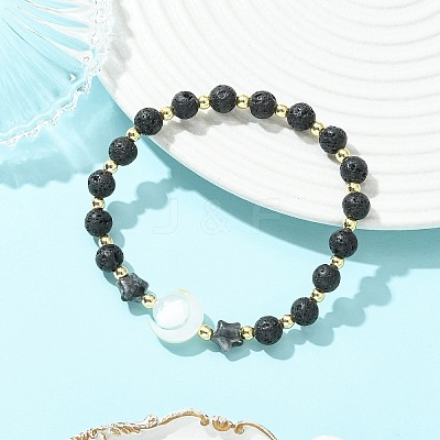 Natural Lava Rock & Larvikite & Selenite & Freshwater Shell Beads Stretch Bracelets for Women Men BJEW-JB13759-1