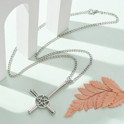 Christian Upside Down Cross & Star Alloy Pendant Pendant Twisted Chain Necklaces for Women NJEW-NH0001-03P-1