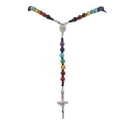 Gemstone Chakra Cross Pendant Rosary Bead Necklaces for Women NJEW-TA00176-1
