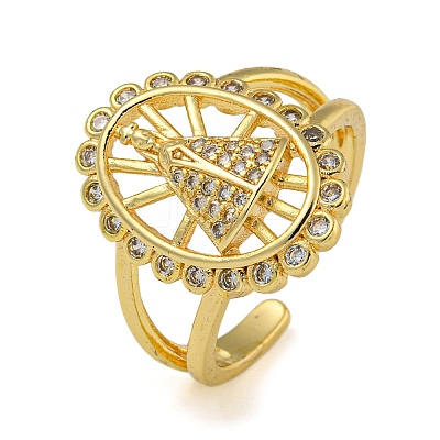 Oval with Virgin Mary Brass Micro Pave Clear Cubic Zirconia Open Cuff Rings for Women RJEW-Z050-16G-1