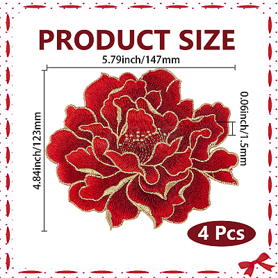 4Pcs Peony Polyester Embroidery Sew On Patches PATC-CY0001-72B-1