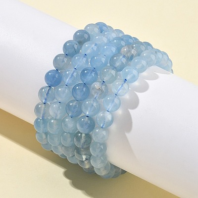 Natural Aquamarine Round Bead Stretch Bracelets for Men Women BJEW-U034-01C-01-1