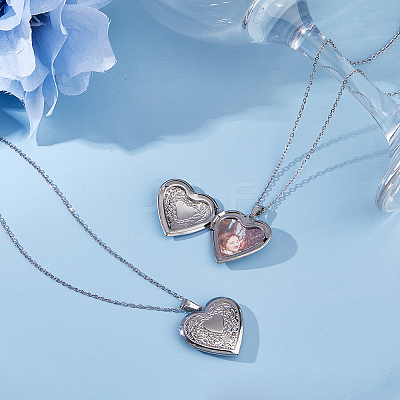 2Pcs 316 Surgical Stainless Steel Heart Photo Locket Pendant Cable Chain Necklaces for Women NJEW-DC0001-15P-1