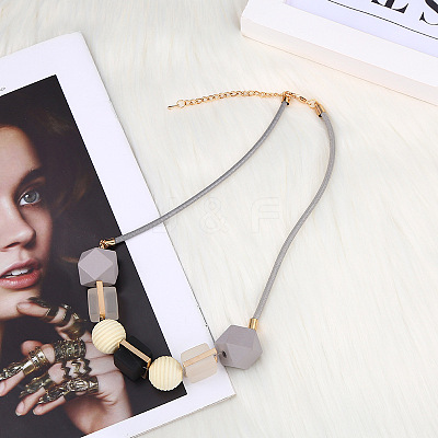 Alloy & Wood & Resin Cube Round Polygon Beaded Necklaces for Women FS-WG78C23-02-1