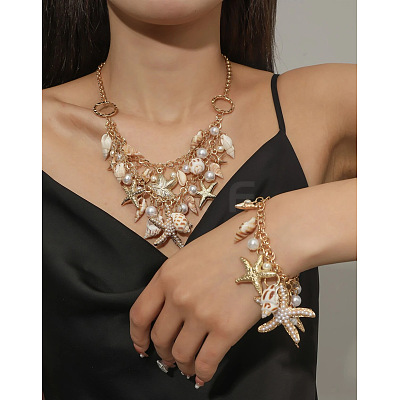 Alloy & Natural Shell & Plastic Pearl Pendant Necklaces & Bracelets Sets FS-WG6B6AD-01-1