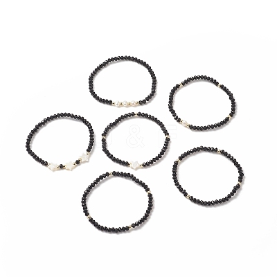 6Pcs 6 Style Natural Shell & Glass Star & Round Beaded Stretch Bracelets Set for Women BJEW-JB09945-02-1