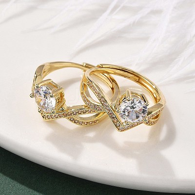 Brass Micro Pave Clear Cubic Zirconia Finger Rings for Women RJEW-U049-03G-1