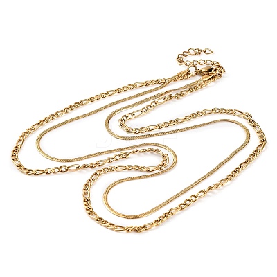 304 Stainless Steel Double Layer Figaro Chain & Herringbone Chain Necklaces for Women NJEW-G140-16C-G-1