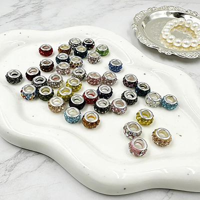 50Pcs 10 Colors Handmade Polymer Clay Rhinestone European Large Hole Beads with Silver Color Plated Brass Cores FPDL-PA0001-03-1