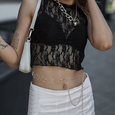 2Pcs 2 Colors Hollow Out Alloy Star Link Chain Waist Belly Chains for Women AJEW-UN0002-88-1