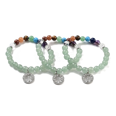 Natural Green Aventurine Round Beaded Chakra Stretch Bracelets BJEW-K251-01B-1