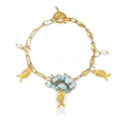 Ocean Alloy Fish Multi-Charm Bracelets with Natural Larimar Chip Beads BJEW-JB14272-1