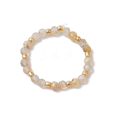 Natural Gold Rutilated Quartz Beaded Stretch Rings for Women RJEW-JR00868-11-1