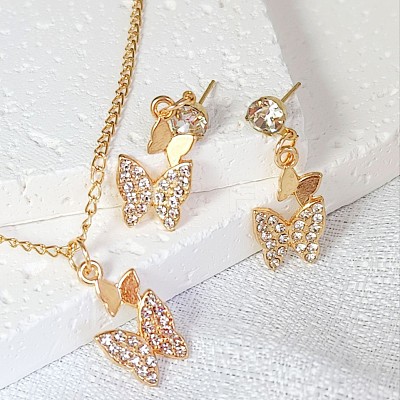 Butterfly Alloy Rhinestone Pendant Necklaces & Stud Earrings Sets for Women FS-WGF94CB-01-1