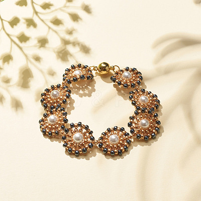 Shell Pearl Flower Link Bracelet BJEW-JB08084-04-1