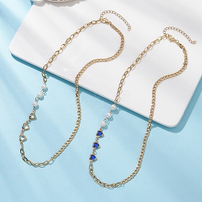 2Pcs 2 Colors Round White Shell Pearl & Heart 304 Stainless Steel Glass Link Chain Necklaces for Women NJEW-JN05594-1