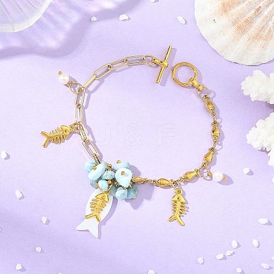 Ocean Alloy Fish Multi-Charm Bracelets with Natural Larimar Chip Beads BJEW-JB14272-1