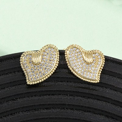 Heart Brass Micro Pave Cubic Zirconia Stud Earrings EJEW-B153-19G-01-1
