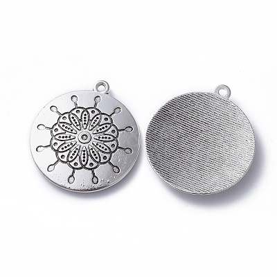 Tibetan Style Alloy Flat Round Carved Flower Pendants X-TIBEP-EA13599Y-LF-1