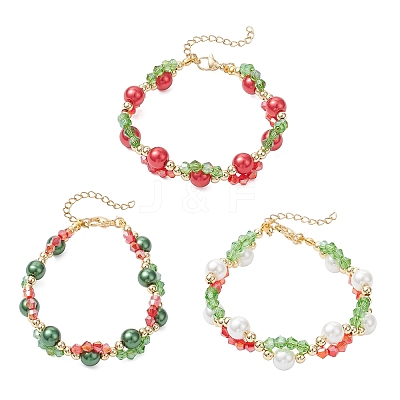 3Pcs 3 Colors Christmas Glass & Baking Paint Pearlized Glass Pearl Round Beaded Bracelets for Women BJEW-JB12441-1