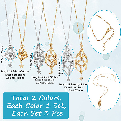 6Pcs 6 Styles Star Moon Stainless Steel Braided Chain Macrame Pouch Empty Stone Holder Pendant Necklace Making NJEW-SC0001-44-1