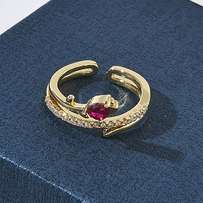 Brass Micro Pave Cubic Zirconia Cuff Open Rings for Women RJEW-L343-05G-01-1