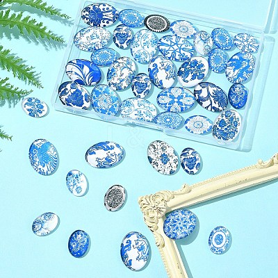 40Pcs 2 Styles Floral Theme Ornaments Glass Oval Flatback Cabochons GGLA-FS0001-10-1