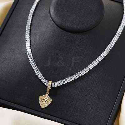 Fashionable Rock Hip-hop Style Brass Pave Clear Cubic Zirconia Shield with Star Pendant Tennis Necklaces for Men VV4192-1-1