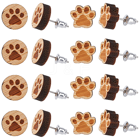 SUNNYCLUE 6 Pairs 2 Style Paw Print Wood Stud Earrings with Steel Iron Pins EJEW-SC0001-46-1