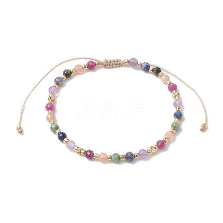 3mm Round Faceted Natural Amethyst & Lapis Lazuli & African Turquoise(Jasper) & Sunstone & Ruby/Red Corundum Braided Bead Bracelets BJEW-JB10596-1