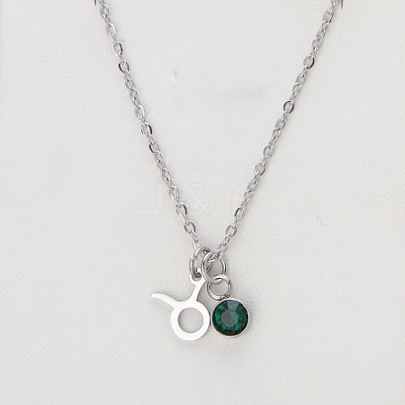 304 Stainless Steel Emerald Rhinestone Birth Stone Constellation Pendant Necklaces FS-WG76580-17-1